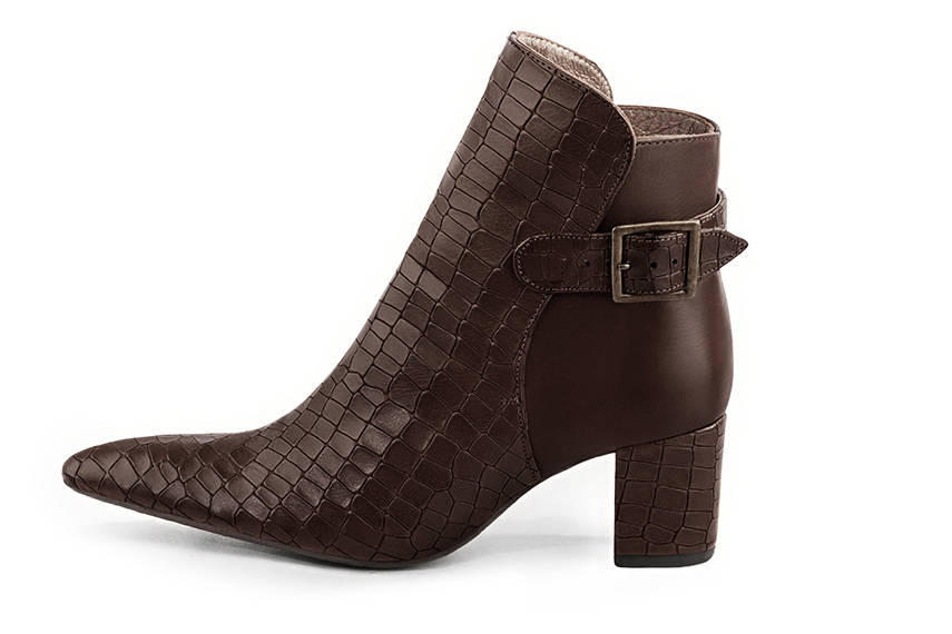 Dark brown women's ankle boots with buckles at the back. Tapered toe. Medium block heels. Profile view - Florence KOOIJMAN